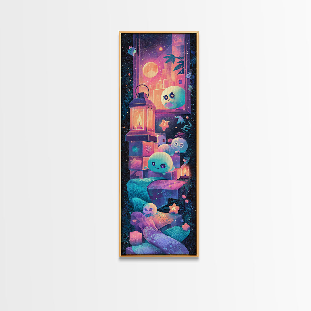 The Child Who Caught A Moon-Spawn, Synthwave Halloween Art, Tall Narrow Wall Art, Canvas Print, Retro Halloween Decor, Neon Wall Art