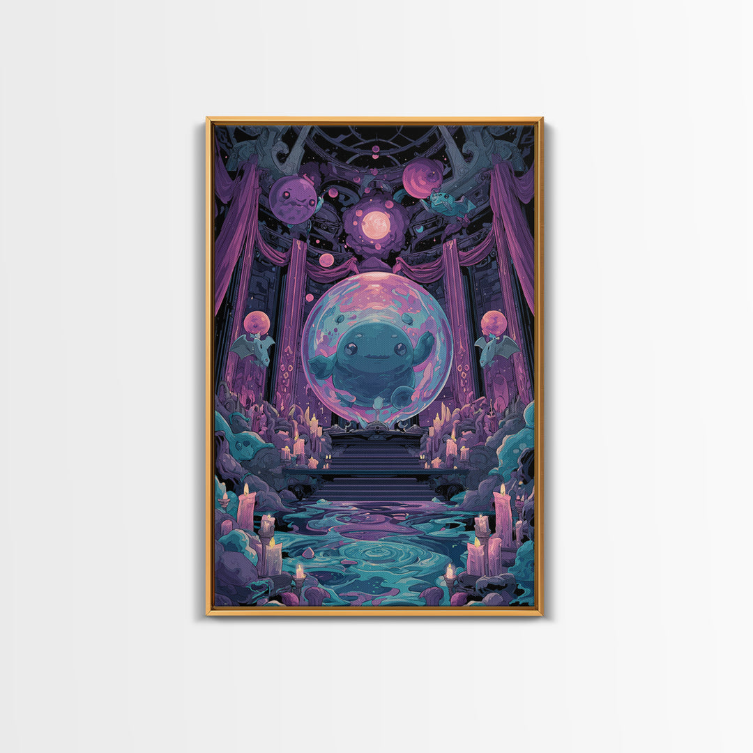 The Oracle Of The Glass Depths, Cute Eldritch Neon Art, Vertical Wall Art, Canvas Print, Retro Halloween Decor, Neon Wall Art