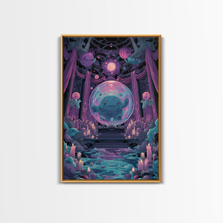 The Oracle Of The Glass Depths, Cute Eldritch Neon Art, Vertical Wall Art, Canvas Print, Retro Halloween Decor, Neon Wall Art