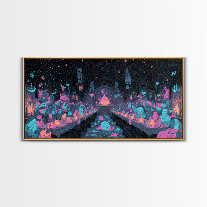 The Feast Of The Pale Cult, Synthwave Halloween Art, Wide Panoramic Art, Canvas Print, Retro Halloween Decor, Neon Wall Art