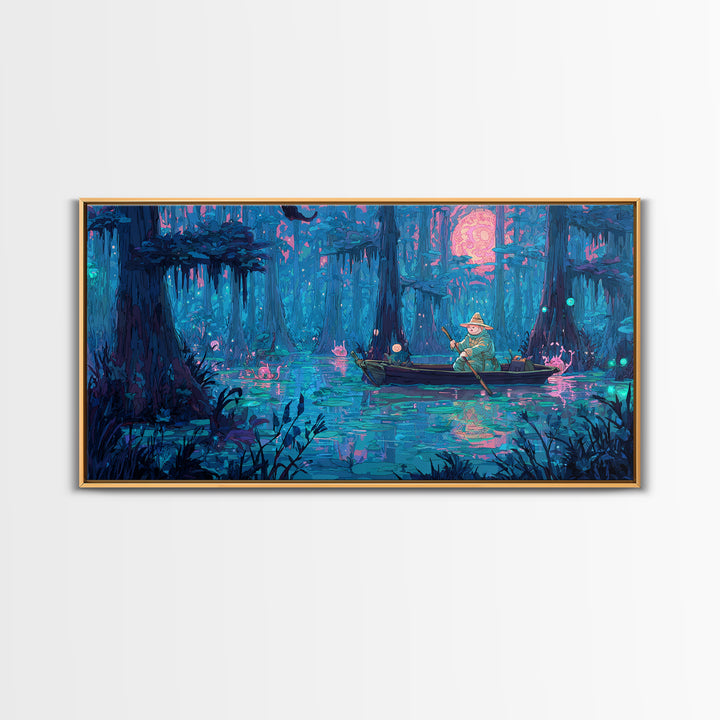 The Ferryman Of The Outer Marsh, 80s Halloween Wall Art, Wide Panoramic Art, Canvas Print, Retro Halloween Decor, Neon Wall Art