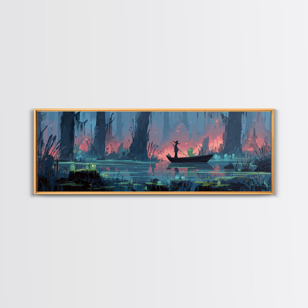 The Ferryman Of The Outer Marsh, Synthwave Halloween Art, Extra Wide Wall Art, Canvas Print, Retro Halloween Decor, Neon Wall Art