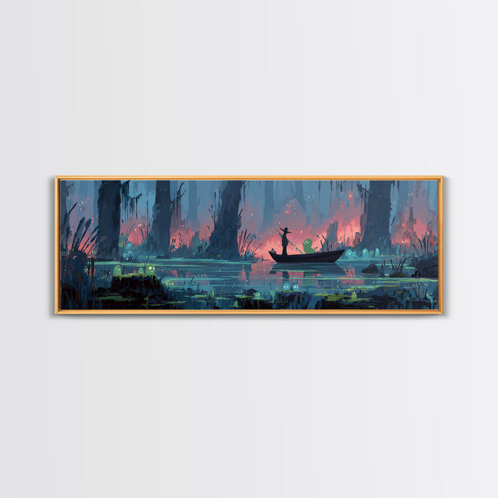 The Ferryman Of The Outer Marsh, Synthwave Halloween Art, Extra Wide Wall Art, Canvas Print, Retro Halloween Decor, Neon Wall Art