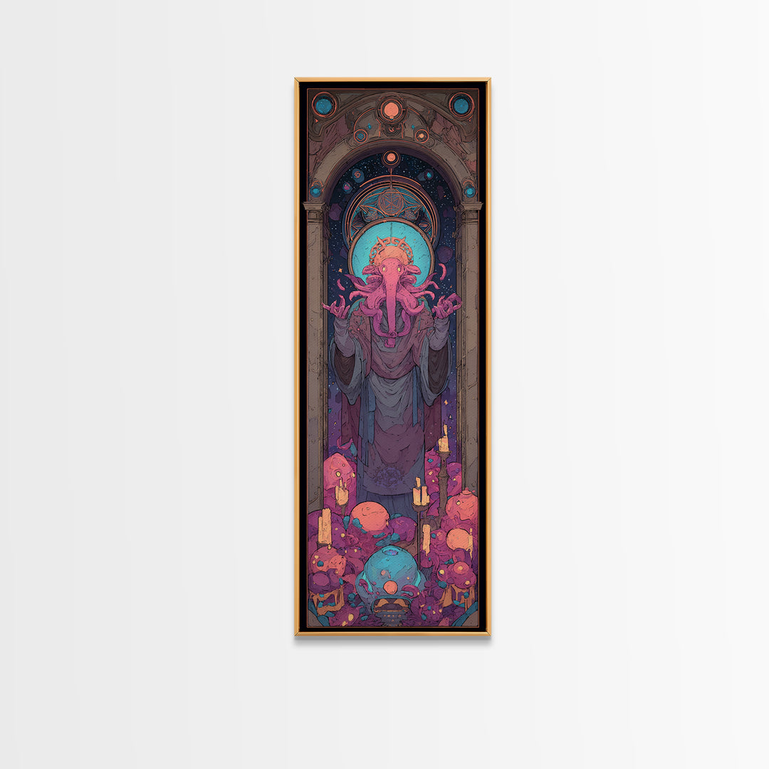 The Crown Of The Tentacled Saint, Cute Eldritch Neon Art, Tall Narrow Wall Art, Framed Canvas Print, Retro Halloween Decor, Neon Wall Art