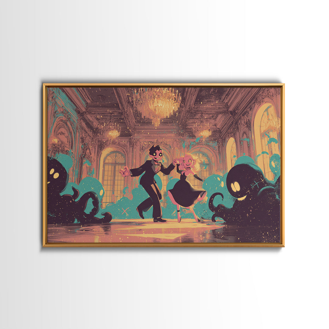 The Ballroom Of Silent Shoggoths, Synthwave Halloween Art, Landscape Wall Art, Canvas Print, Retro Halloween Decor, Neon Wall Art