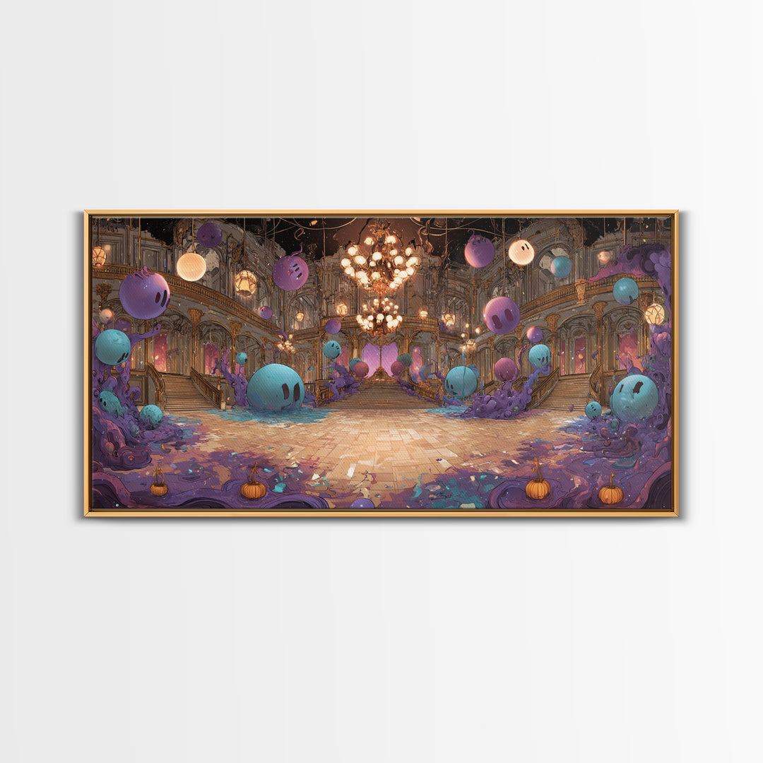 The Ballroom Of Silent Shoggoths, Cute Eldritch Neon Art, Wide Panoramic Art, Framed Canvas Print, Retro Halloween Decor, Neon Wall Art