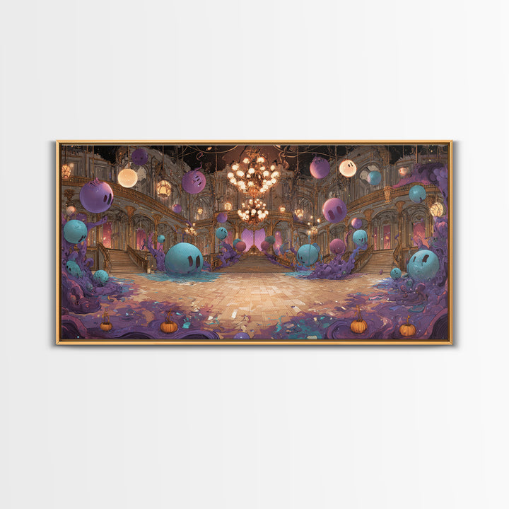 The Ballroom Of Silent Shoggoths, Cute Eldritch Neon Art, Wide Panoramic Art, Framed Canvas Print, Retro Halloween Decor, Neon Wall Art