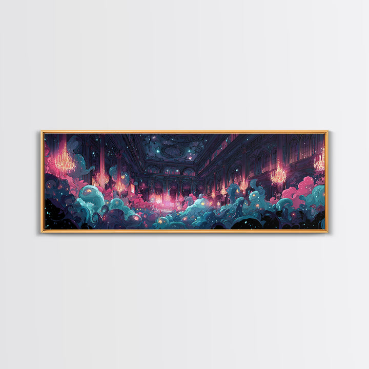 The Ballroom Of Silent Shoggoths, Cute Spooky Neon Art, Extra Wide Wall Art, Canvas Print, Retro Halloween Decor, Neon Wall Art