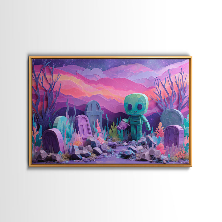The Grave Gardener Of Yuggoth, Cosmic Synthwave Horror, Landscape Wall Art, Canvas Print, Retro Halloween Decor, Neon Wall Art