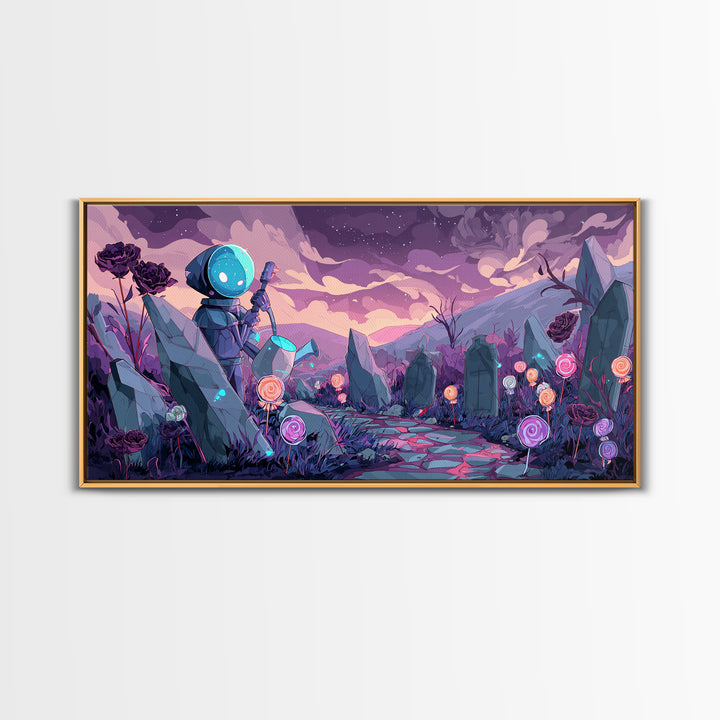 The Grave Gardener Of Yuggoth, Retro Neon Halloween Art, Wide Panoramic Art, Framed Canvas Print, Retro Halloween Decor, Neon Wall Art
