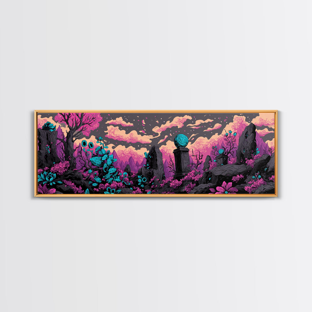 The Grave Gardener Of Yuggoth, Cosmic Synthwave Horror, Extra Wide Wall Art, Framed Canvas Print, Retro Halloween Decor, Neon Wall Art