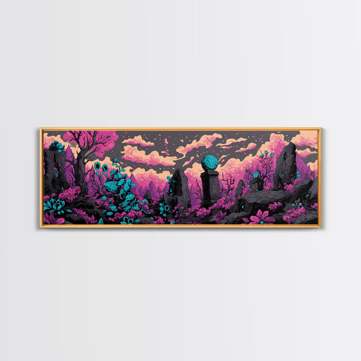 The Grave Gardener Of Yuggoth, Cosmic Synthwave Horror, Extra Wide Wall Art, Framed Canvas Print, Retro Halloween Decor, Neon Wall Art