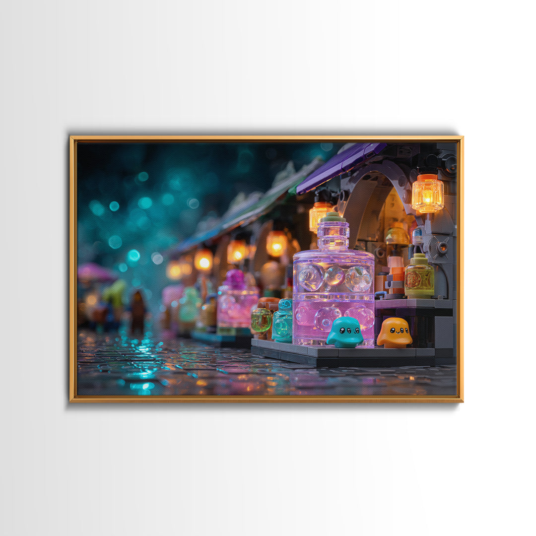 The Lantern Market Beyond The Veil, Cute Eldritch Neon Art, Landscape Wall Art, Canvas Print, Retro Halloween Decor, Neon Wall Art