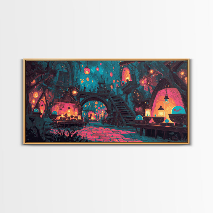 The Lantern Market Beyond The Veil, Cute Spooky Neon Art, Wide Panoramic Art, Canvas Print, Retro Halloween Decor, Neon Wall Art
