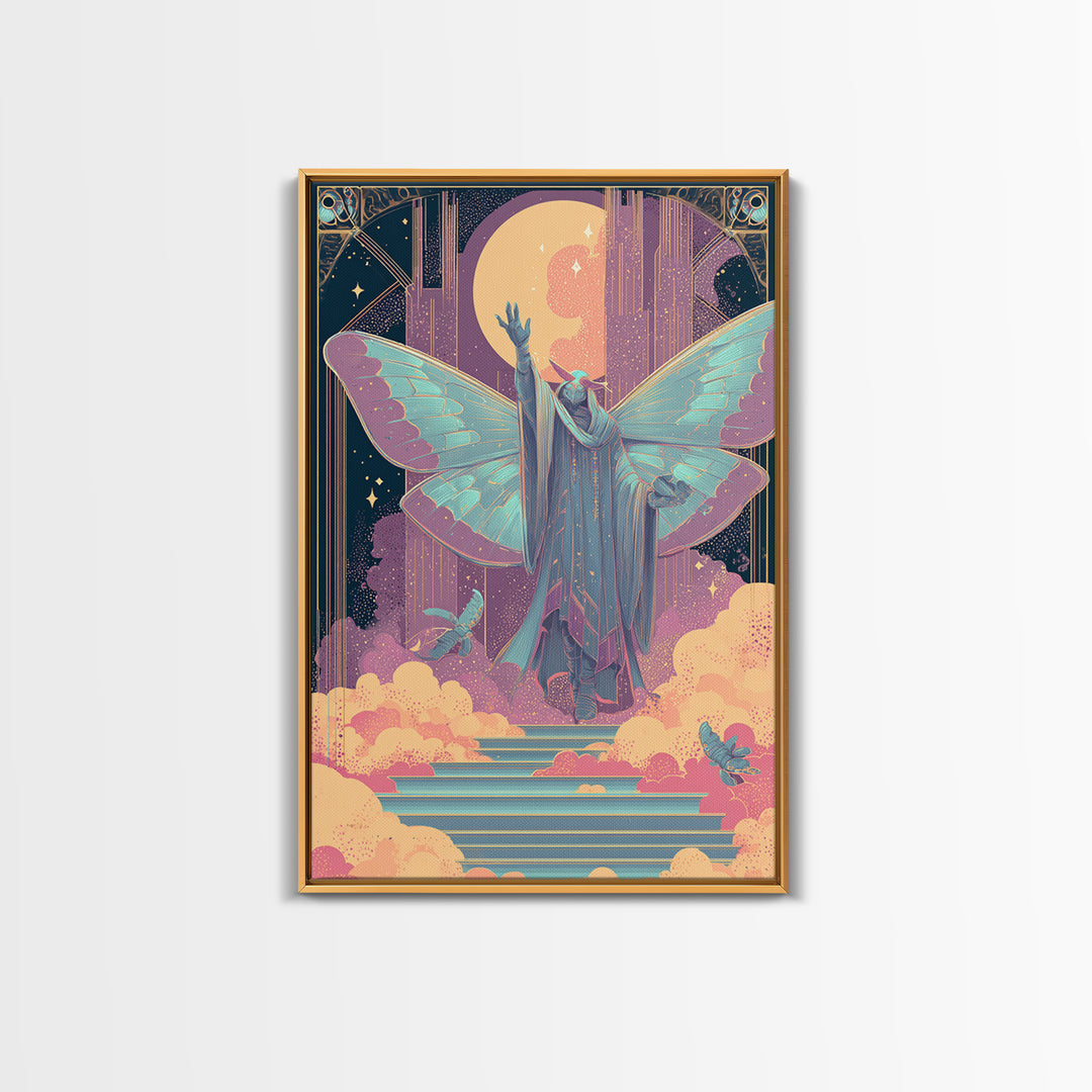 The Moth Prophet Of Kadath, Vaporwave Halloween Decor, Vertical Wall Art, Canvas Print, Retro Halloween Decor, Neon Wall Art