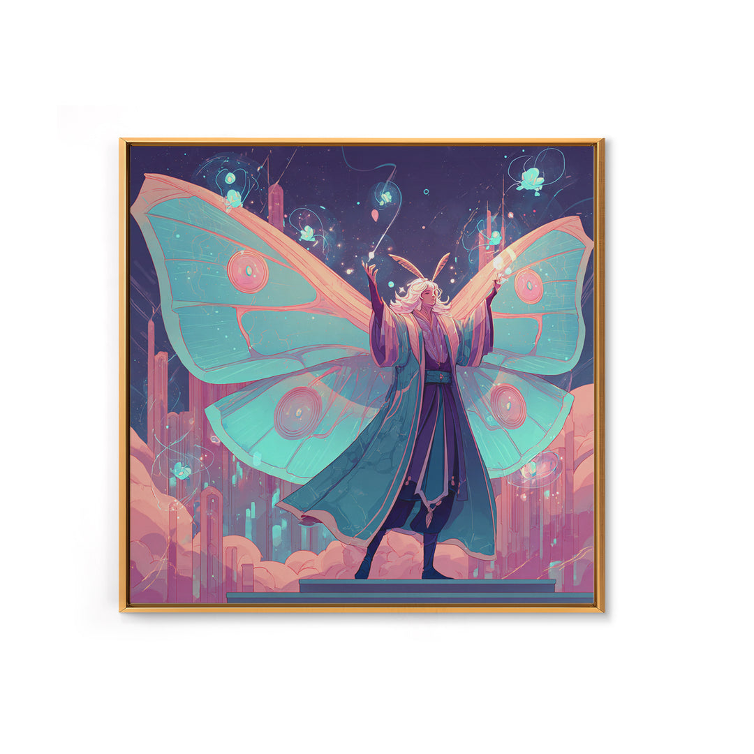 The Moth Prophet Of Kadath, Cute Spooky Neon Art, Square Wall Art, Framed Canvas Print, Retro Halloween Decor, Neon Wall Art