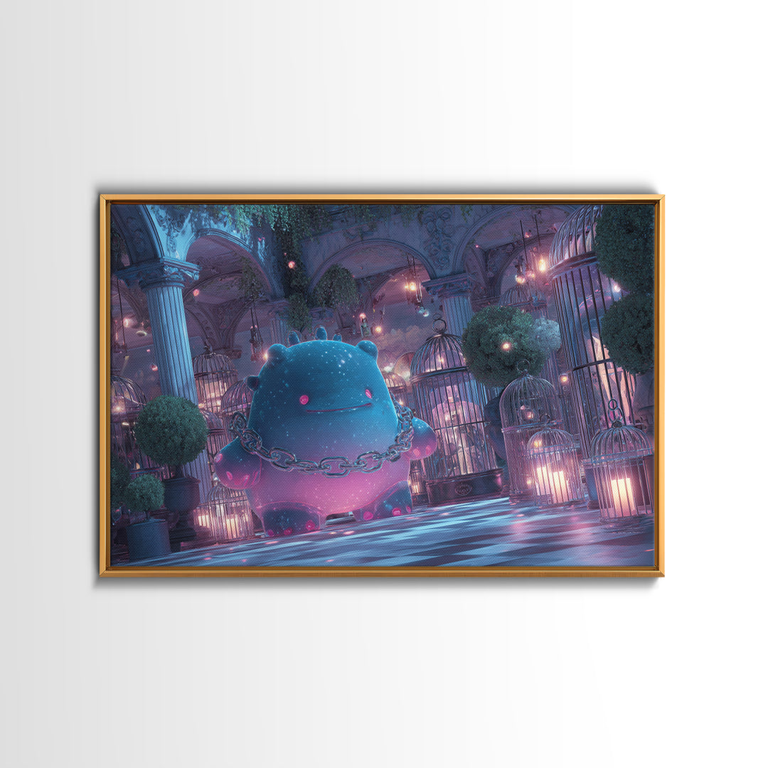 The Moonlit Shoggoth Menagerie, Vaporwave Halloween Decor, Landscape Wall Art, Framed Canvas Print, Retro Halloween Decor, Neon Wall Art