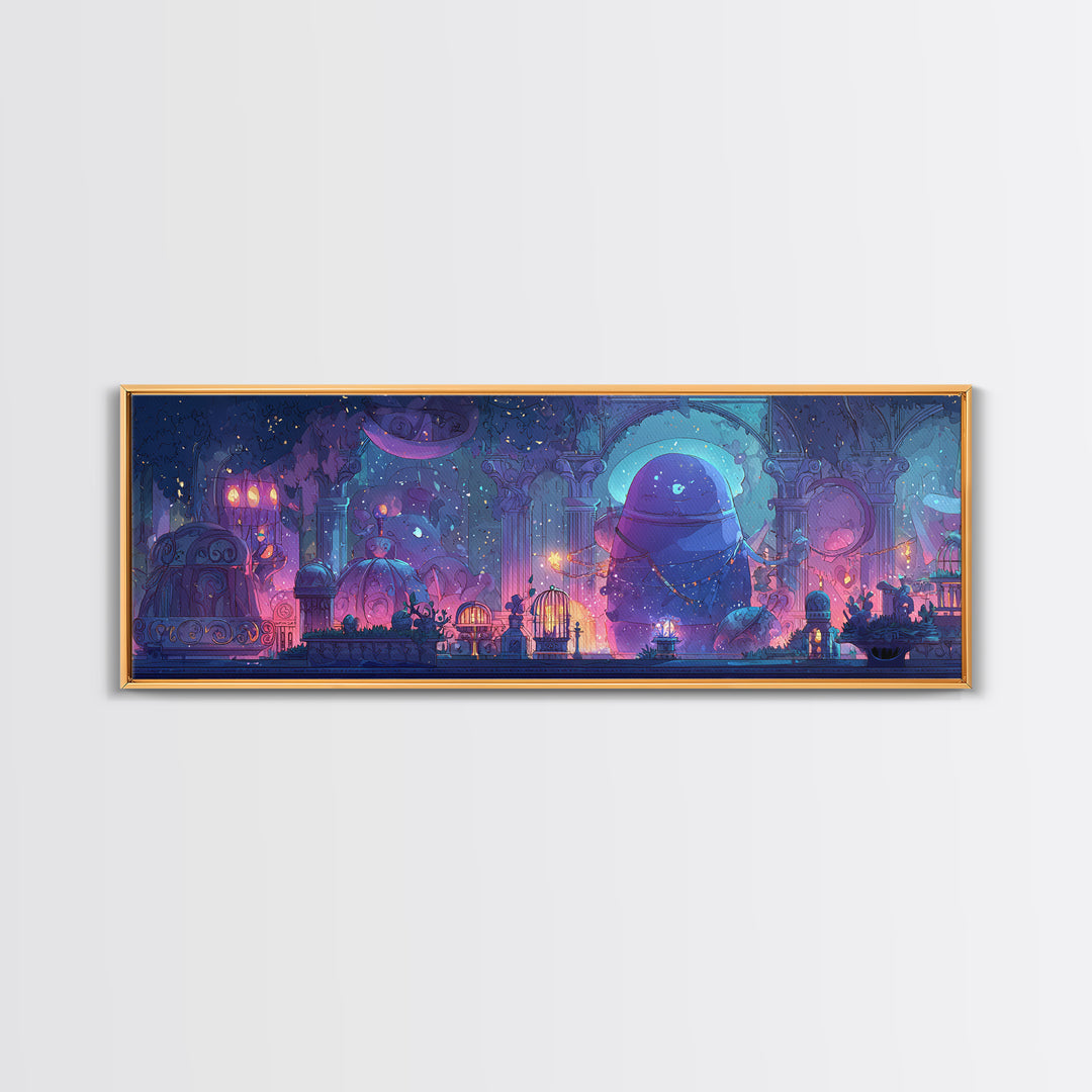 The Moonlit Shoggoth Menagerie, 80s Halloween Wall Art, Extra Wide Wall Art, Canvas Print, Retro Halloween Decor, Neon Wall Art