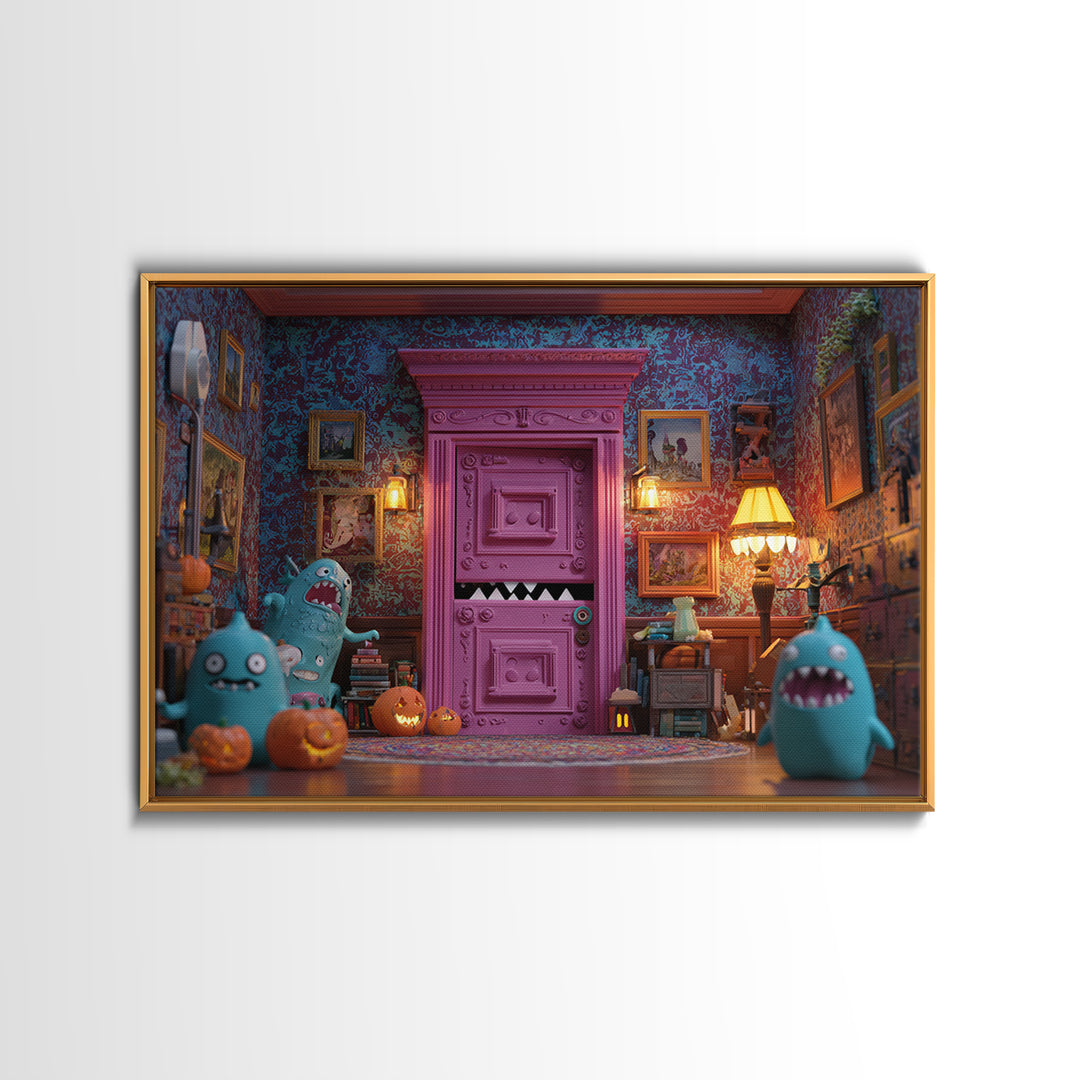 The Thirteenth Door Of Arkham House, Retro Neon Halloween Art, Landscape Wall Art, Canvas Print, Retro Halloween Decor, Neon Wall Art