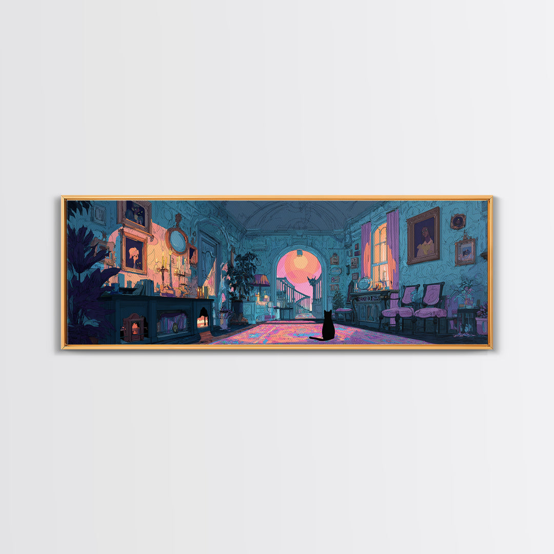 The Thirteenth Door Of Arkham House, Cute Eldritch Neon Art, Extra Wide Wall Art, Framed Canvas Print, Retro Halloween Decor, Neon Wall Art