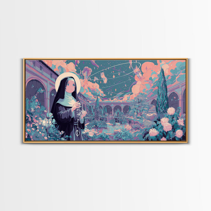 The Nun Of The Endless Constellation, Synthwave Halloween Art, Wide Panoramic Art, Framed Canvas Print, Retro Halloween Decor, Neon Wall Art