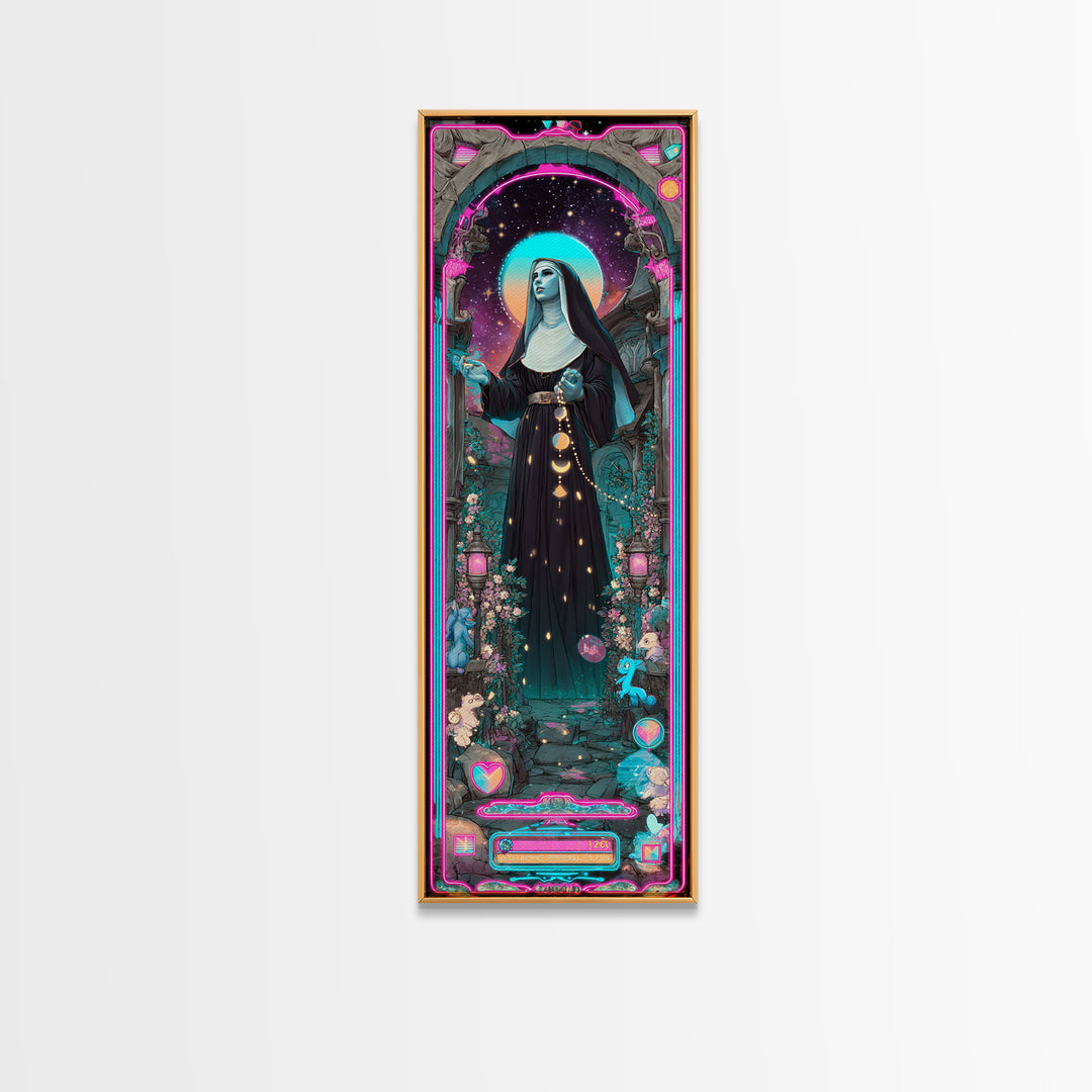 The Nun Of The Endless Constellation, Synthwave Halloween Art, Tall Narrow Wall Art, Canvas Print, Retro Halloween Decor, Neon Wall Art