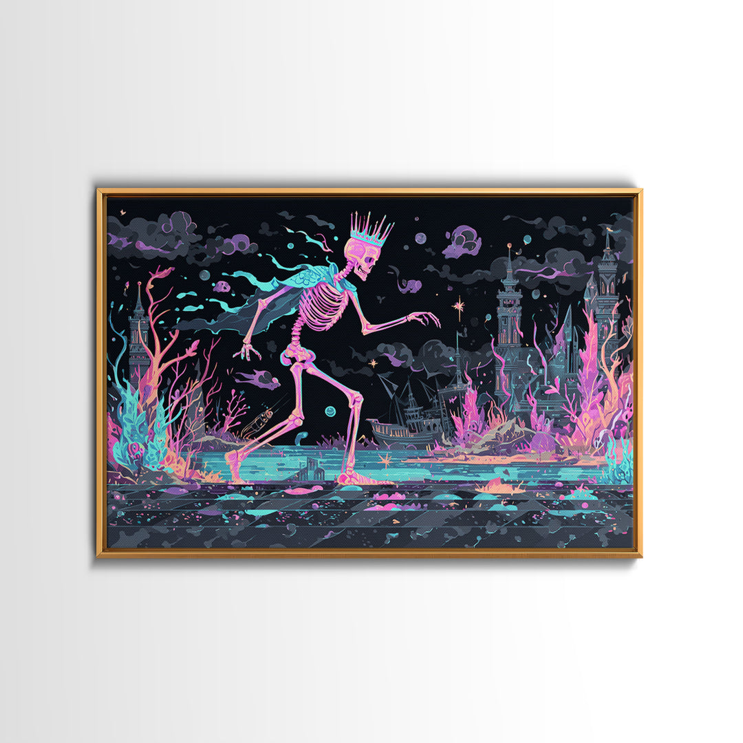 The Salt King Of The Black Shore, Cute Spooky Neon Art, Landscape Wall Art, Canvas Print, Retro Halloween Decor, Neon Wall Art