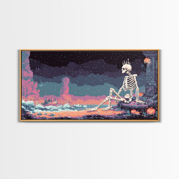 The Salt King Of The Black Shore, Vaporwave Halloween Decor, Wide Panoramic Art, Canvas Print, Retro Halloween Decor, Neon Wall Art