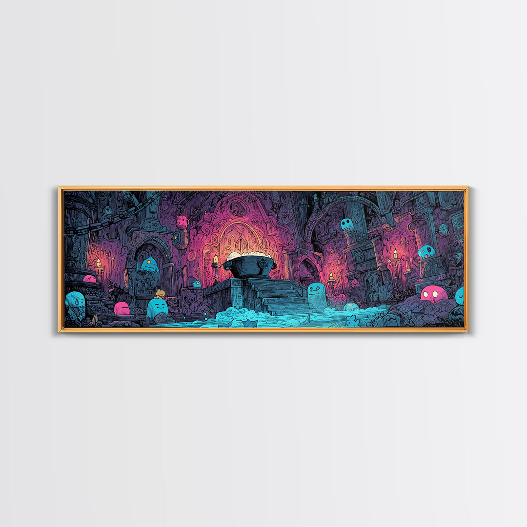 The Dreamwell Beneath Miskatonic, 80s Halloween Wall Art, Extra Wide Wall Art, Canvas Print, Retro Halloween Decor, Neon Wall Art