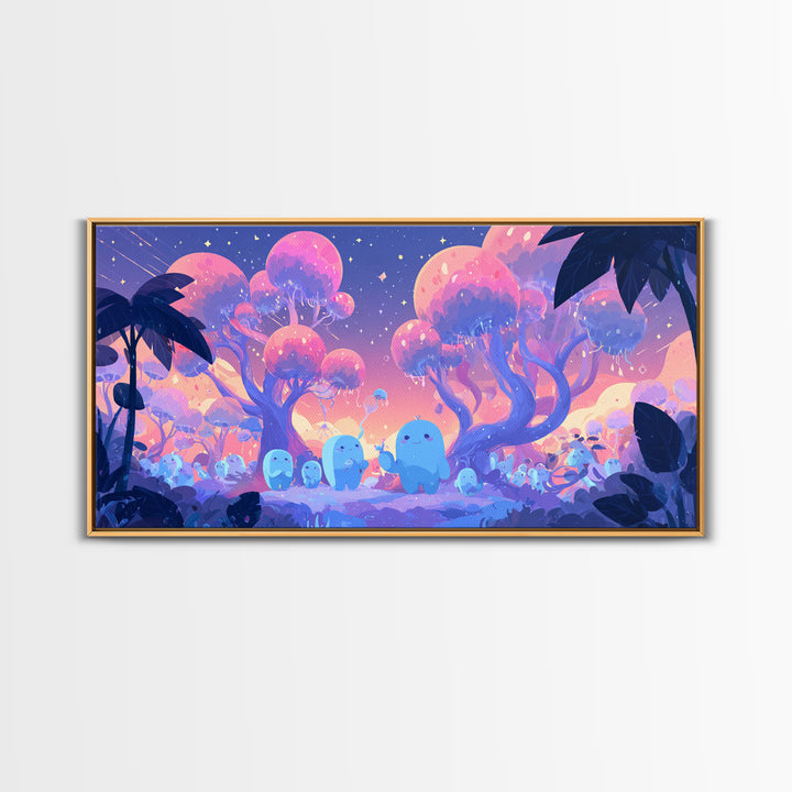 The Children Of The Star Orchard, Vaporwave Halloween Decor, Wide Panoramic Art, Framed Canvas Print, Retro Halloween Decor, Neon Wall Art