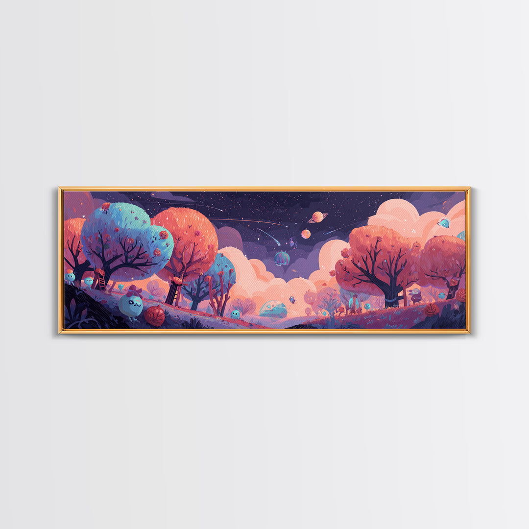 The Children Of The Star Orchard, Cosmic Synthwave Horror, Extra Wide Wall Art, Framed Canvas Print, Retro Halloween Decor, Neon Wall Art