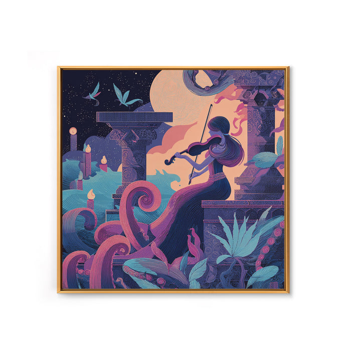 The Violinist Of The Drowned Moon, Cute Eldritch Neon Art, Square Wall Art, Canvas Print, Retro Halloween Decor, Neon Wall Art