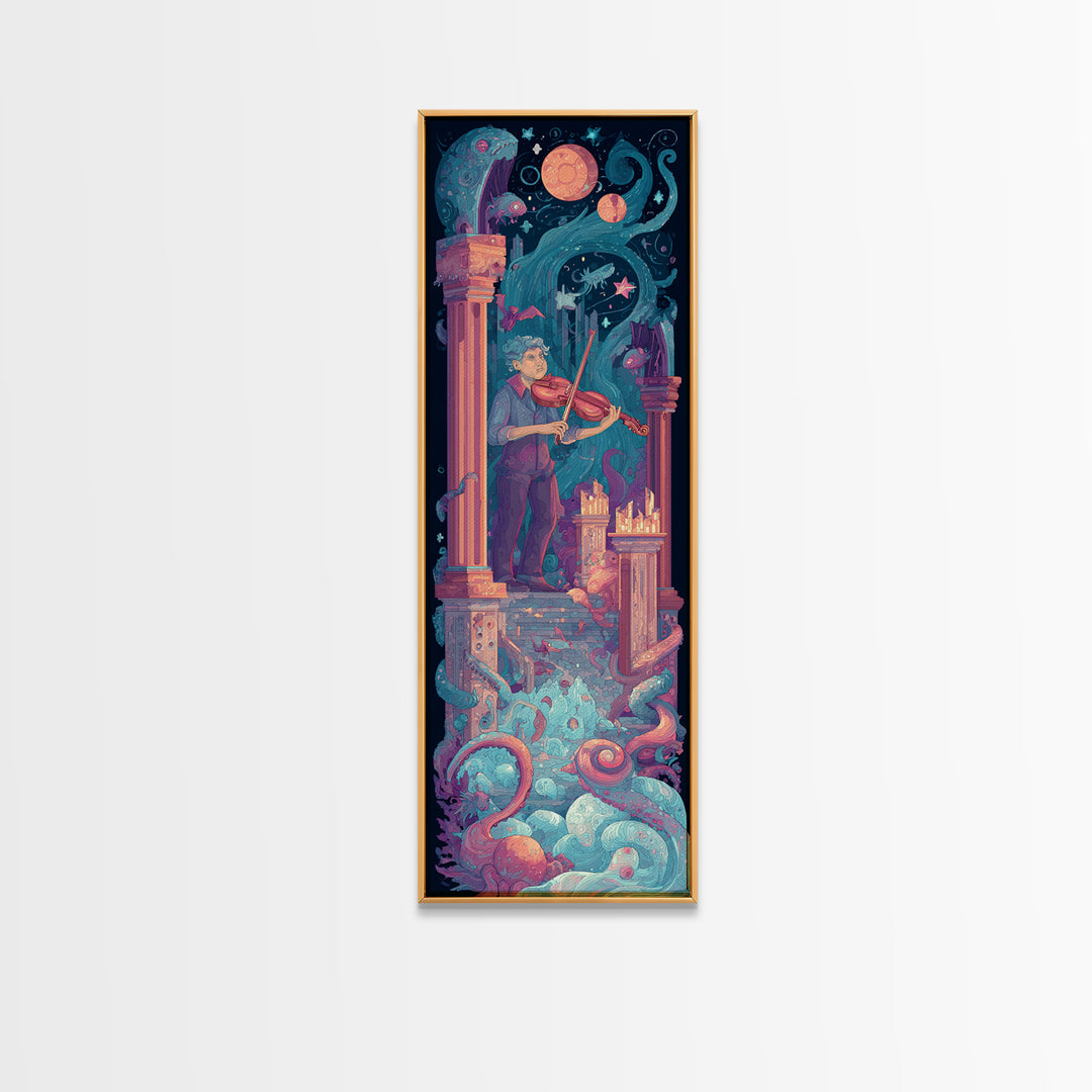 The Violinist Of The Drowned Moon, Synthwave Halloween Art, Tall Narrow Wall Art, Canvas Print, Retro Halloween Decor, Neon Wall Art
