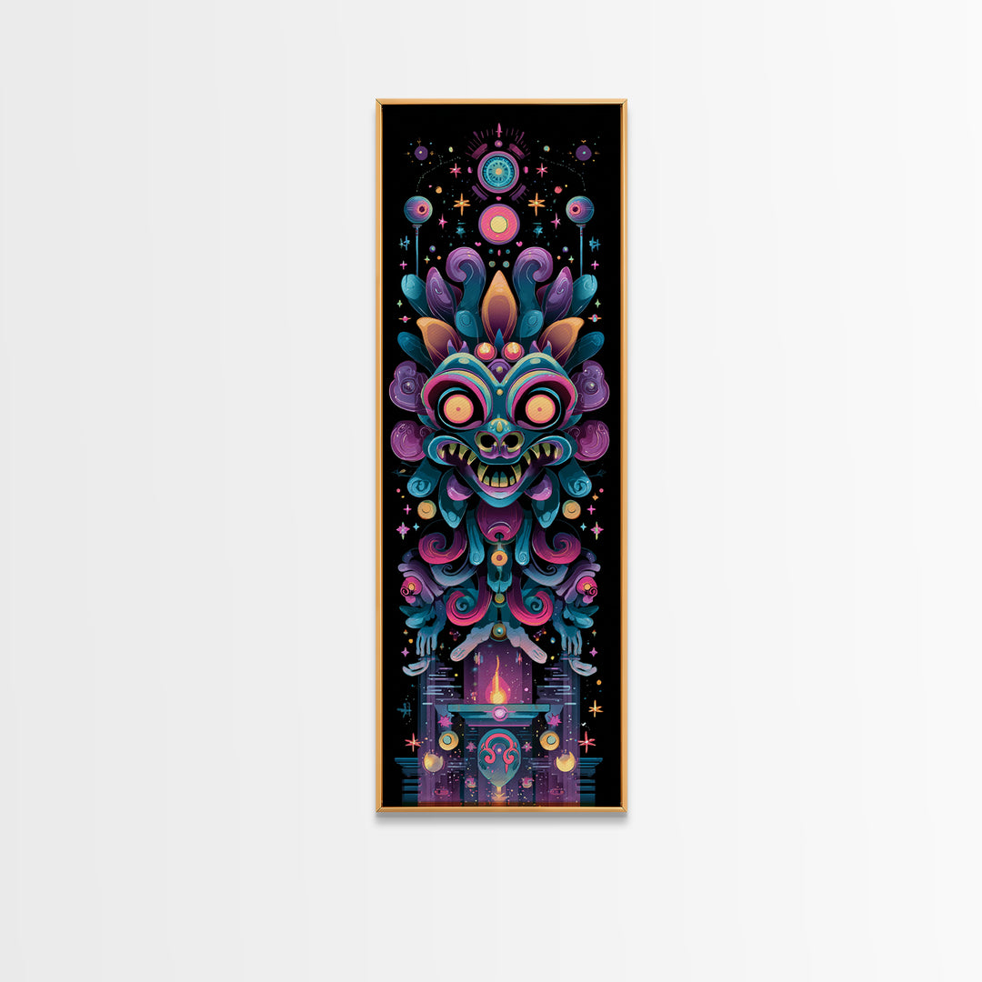 The Mask Of The Crawling God, Synthwave Halloween Art, Tall Narrow Wall Art, Framed Canvas Print, Retro Halloween Decor, Neon Wall Art