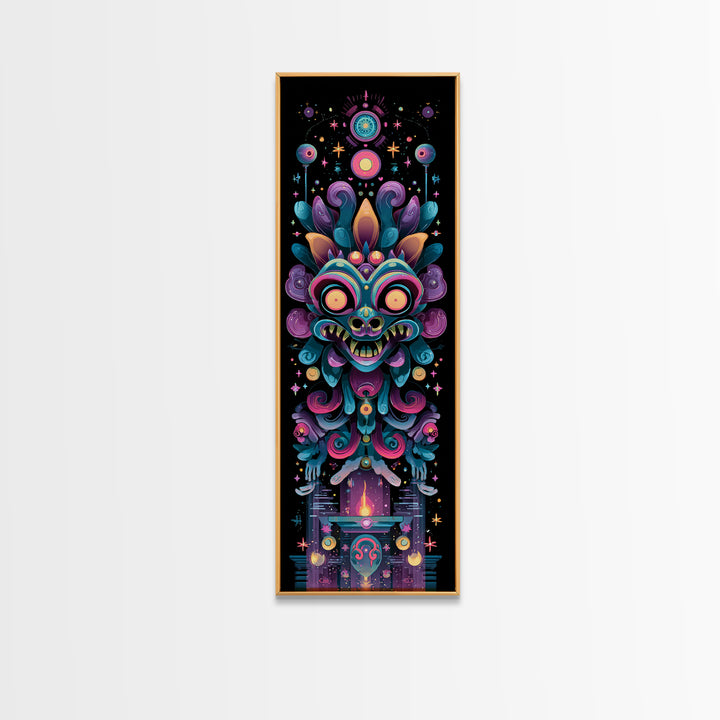 The Mask Of The Crawling God, Synthwave Halloween Art, Tall Narrow Wall Art, Framed Canvas Print, Retro Halloween Decor, Neon Wall Art