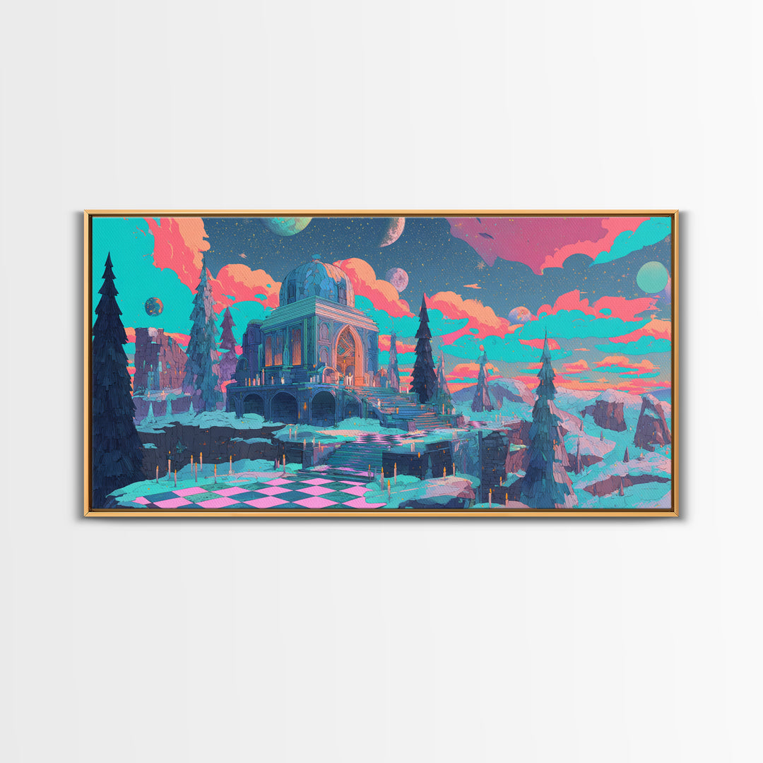 The Candelit Ark Of Forgotten Stars, Cosmic Synthwave Horror, Wide Panoramic Art, Framed Canvas Print, Retro Halloween Decor, Neon Wall Art