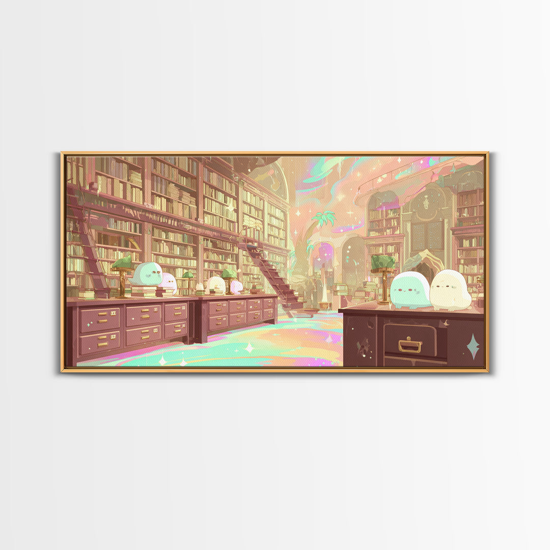 The Archivist Of Dreaming Bones, Cosmic Synthwave Horror, Wide Panoramic Art, Framed Canvas Print, Retro Halloween Decor, Neon Wall Art