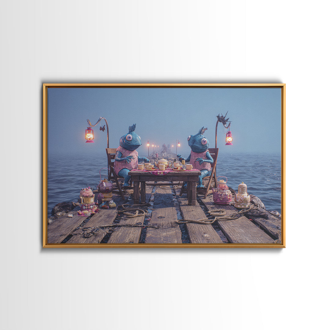 The Tea Party At Innsmouth Pier, 80s Halloween Wall Art, Landscape Wall Art, Framed Canvas Print, Retro Halloween Decor, Neon Wall Art