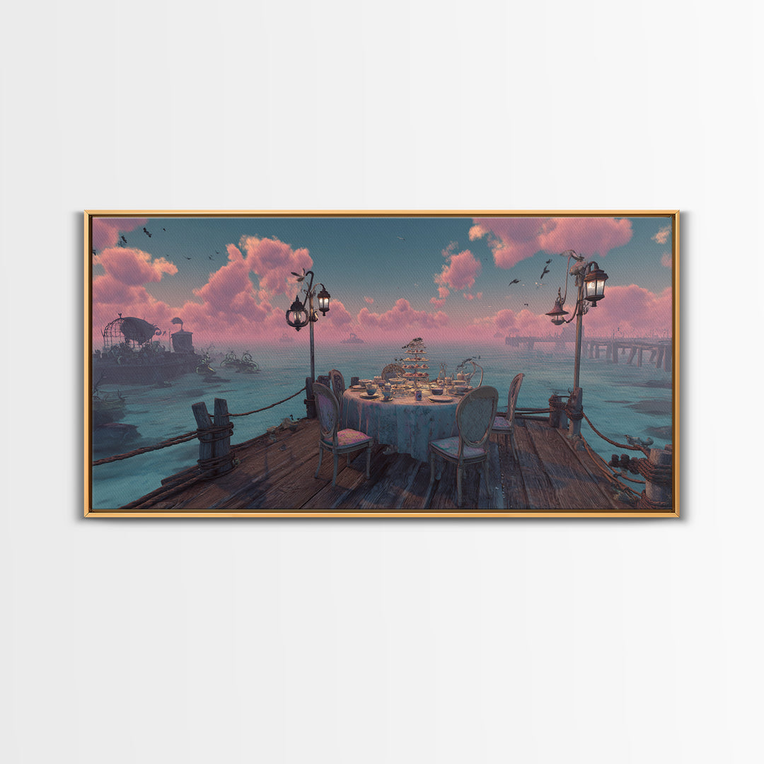 The Tea Party At Innsmouth Pier, Cute Eldritch Neon Art, Wide Panoramic Art, Canvas Print, Retro Halloween Decor, Neon Wall Art
