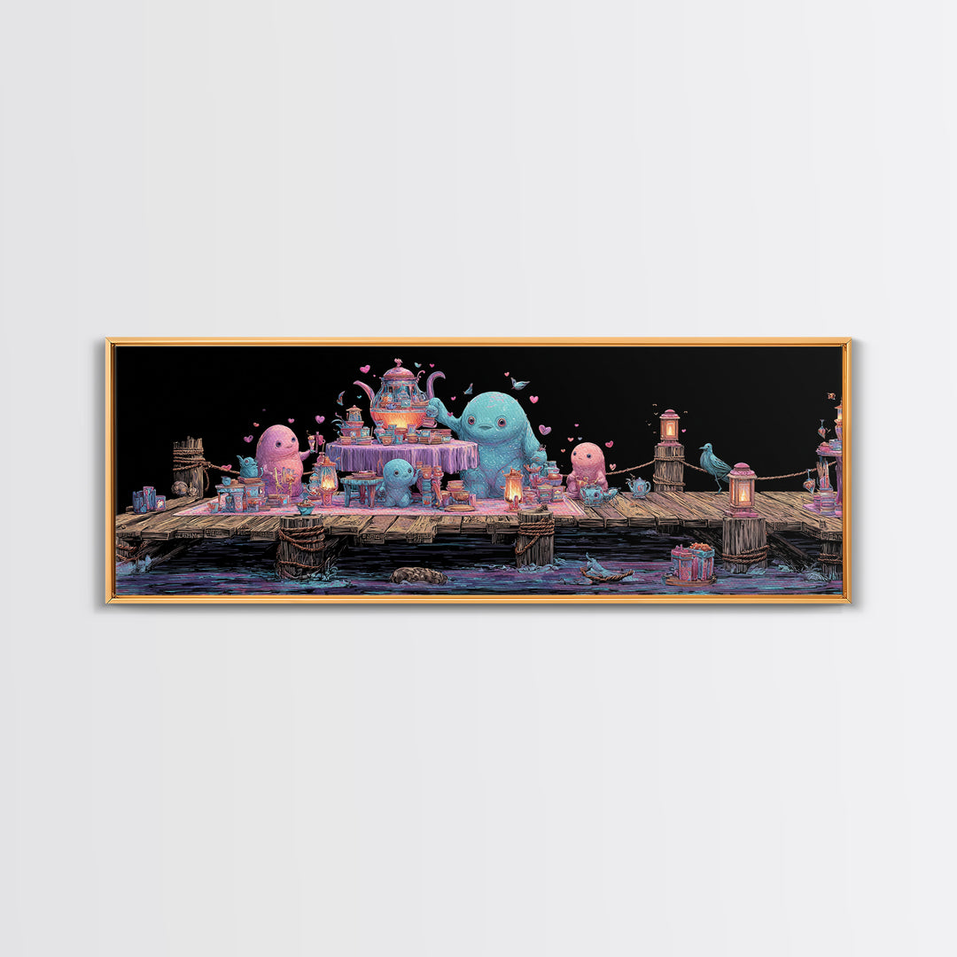 The Tea Party At Innsmouth Pier, Cute Eldritch Neon Art, Extra Wide Wall Art, Canvas Print, Retro Halloween Decor, Neon Wall Art