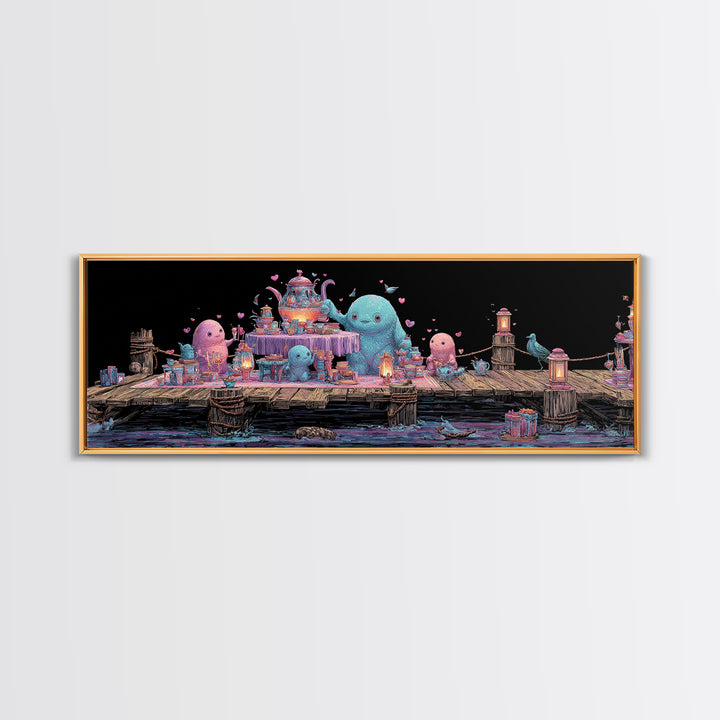 The Tea Party At Innsmouth Pier, Cute Eldritch Neon Art, Extra Wide Wall Art, Canvas Print, Retro Halloween Decor, Neon Wall Art