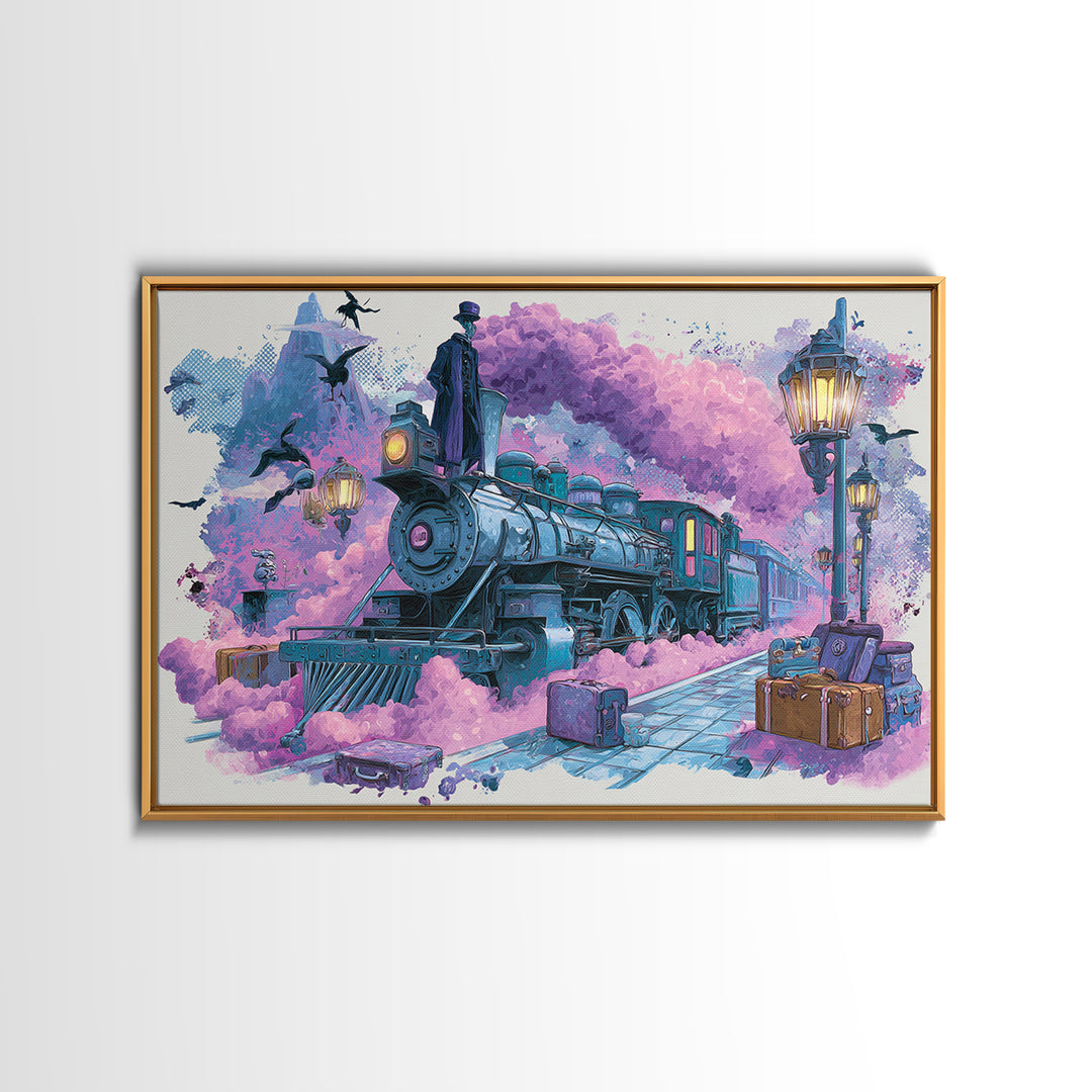 The Phantom Train To Kadath, Cute Spooky Neon Art, Landscape Wall Art, Canvas Print, Retro Halloween Decor, Neon Wall Art, Horror Wall Art
