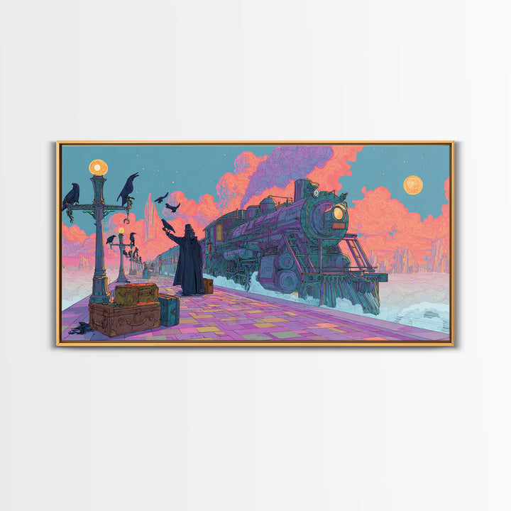 The Phantom Train To Kadath, Cute Spooky Neon Art, Wide Panoramic Art, Framed Canvas Print, Retro Halloween Decor, Neon Wall Art