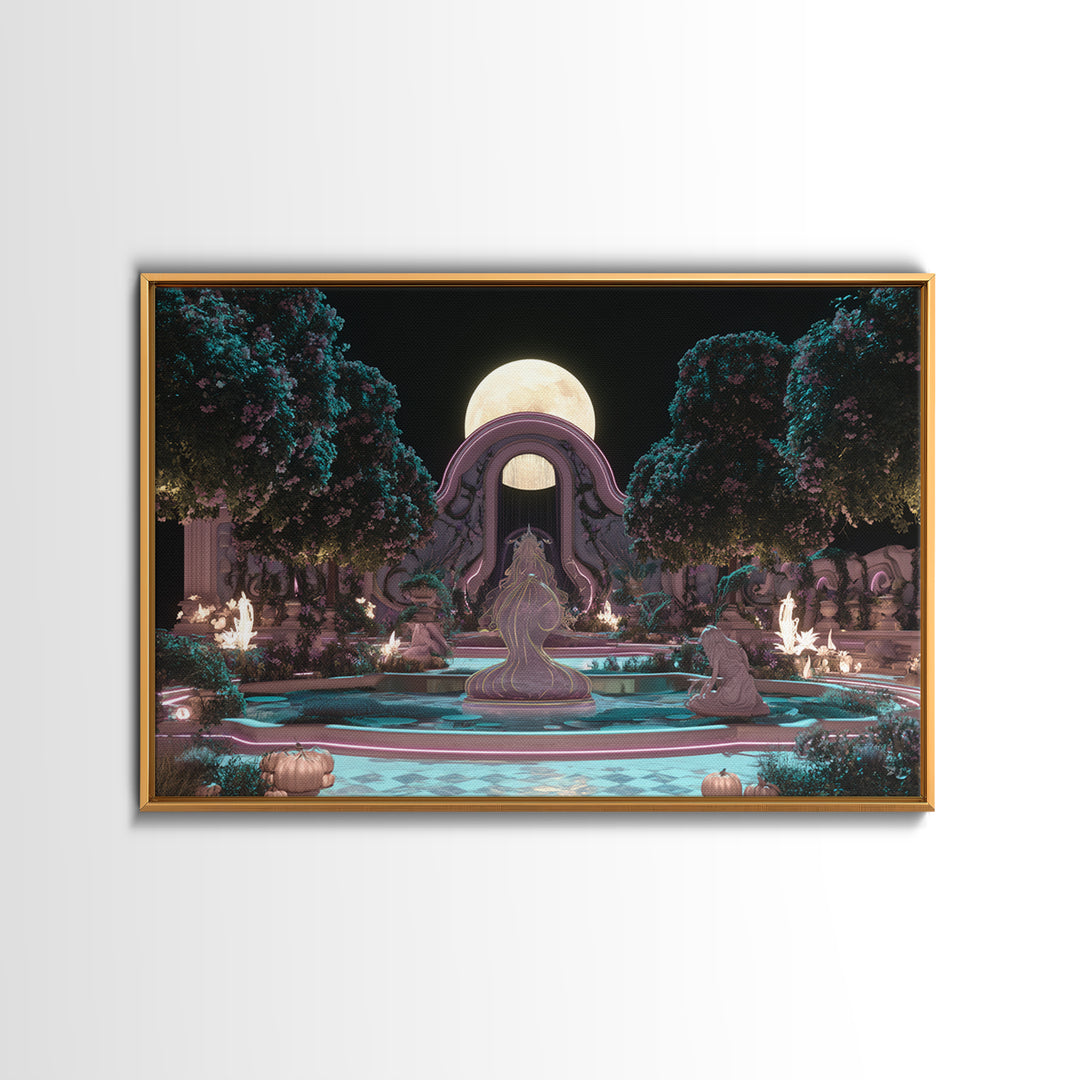 The Garden Of The Eyeless Moon, Synthwave Halloween Art, Landscape Wall Art, Framed Canvas Print, Retro Halloween Decor, Neon Wall Art