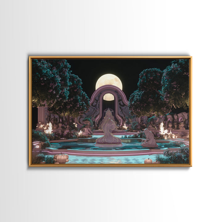 The Garden Of The Eyeless Moon, Synthwave Halloween Art, Landscape Wall Art, Framed Canvas Print, Retro Halloween Decor, Neon Wall Art