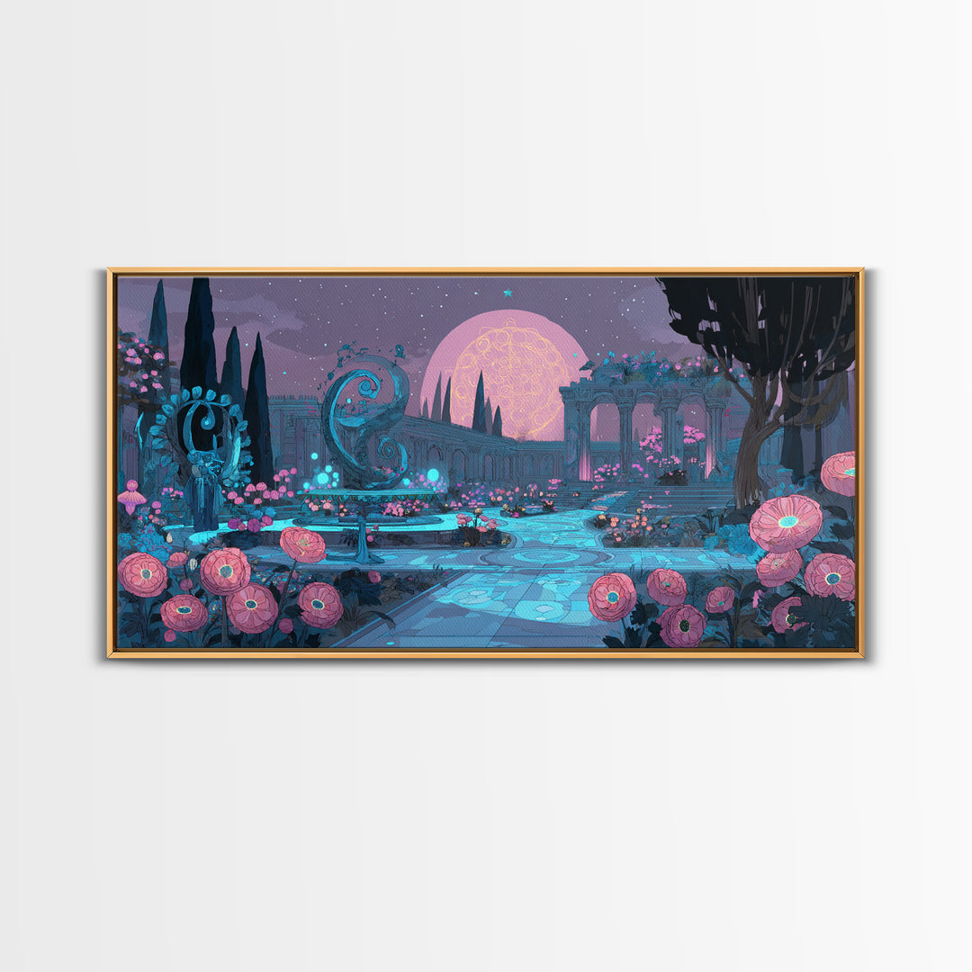 The Garden Of The Eyeless Moon, Synthwave Halloween Art, Wide Panoramic Art, Framed Canvas Print, Retro Halloween Decor, Neon Wall Art