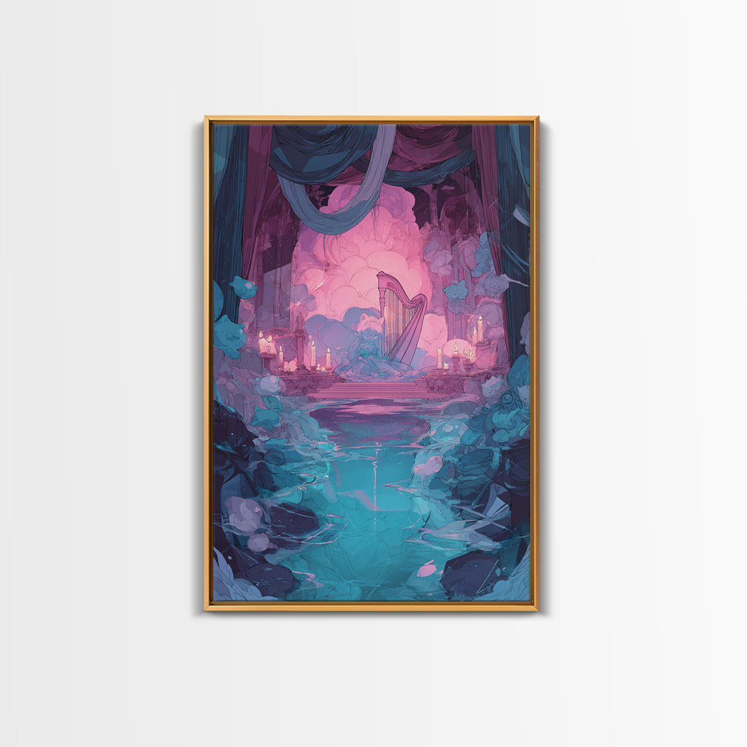 The Harpist Of Abyssal Sleep, Cute Eldritch Neon Art, Vertical Wall Art, Canvas Print, Retro Halloween Decor, Neon Wall Art