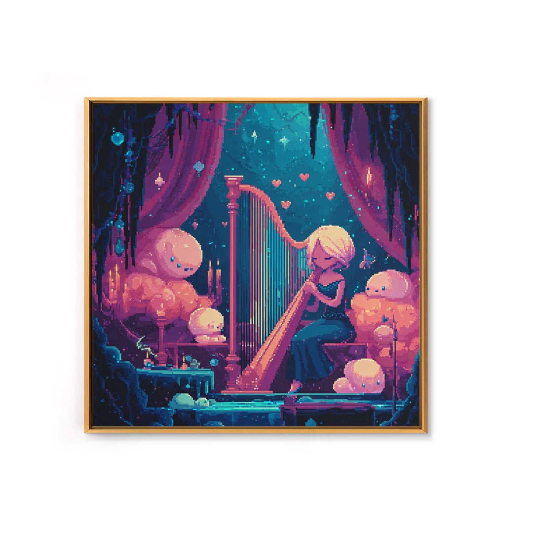 The Harpist Of Abyssal Sleep, Retro Neon Halloween Art, Square Wall Art, Framed Canvas Print, Retro Halloween Decor, Neon Wall Art