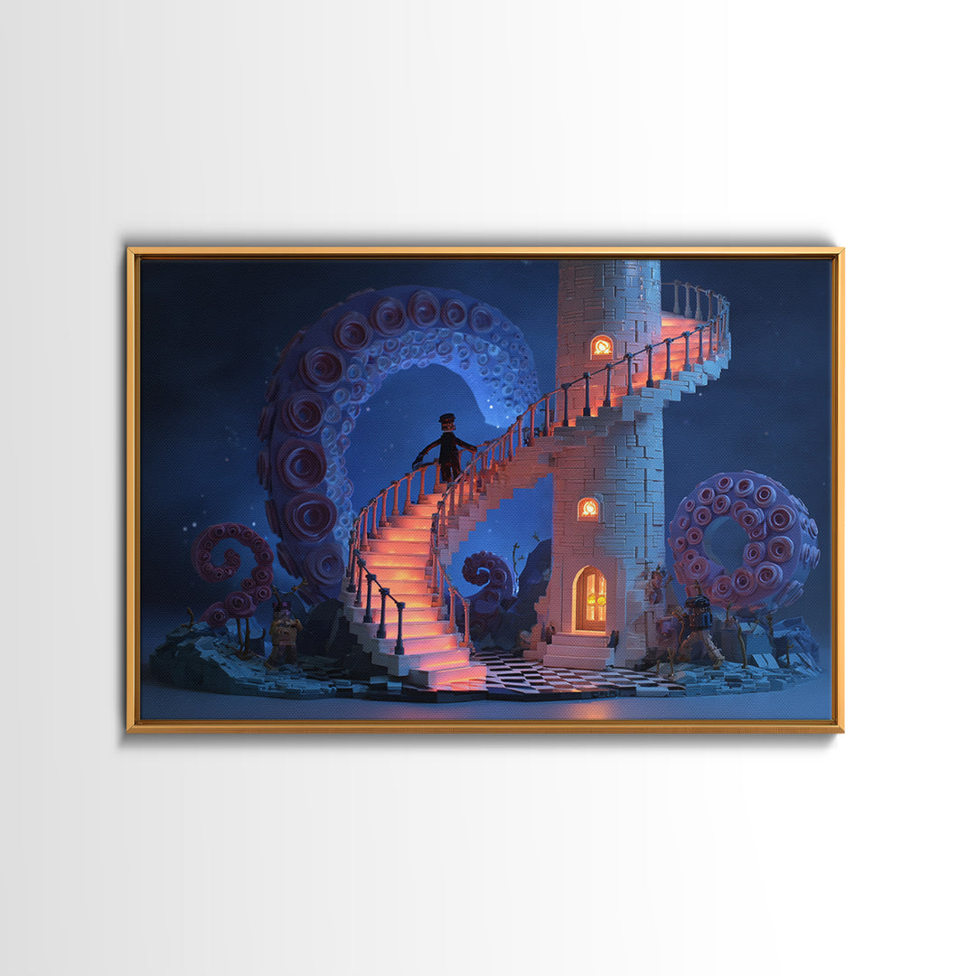 The Last Lighthouse Of Y’Ha-Nthlei, Cute Spooky Neon Art, Landscape Wall Art, Framed Canvas Print, Retro Halloween Decor, Neon Wall Art