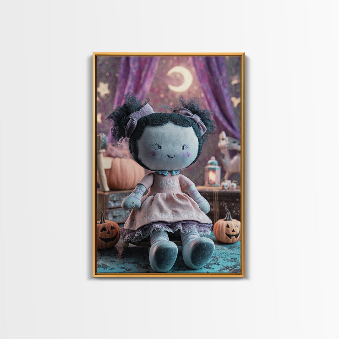 The Doll From Beyond The Void, Retro Neon Halloween Art, Vertical Wall Art, Framed Canvas Print, Retro Halloween Decor, Neon Wall Art